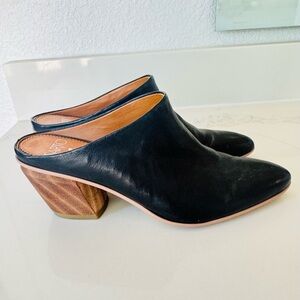 Franco Sarto Black Leather Mules with Wooden Block Heel - Like New